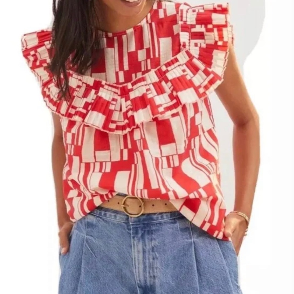 Lined beautiful ruffled geometric print top. - Picture 2 of 2